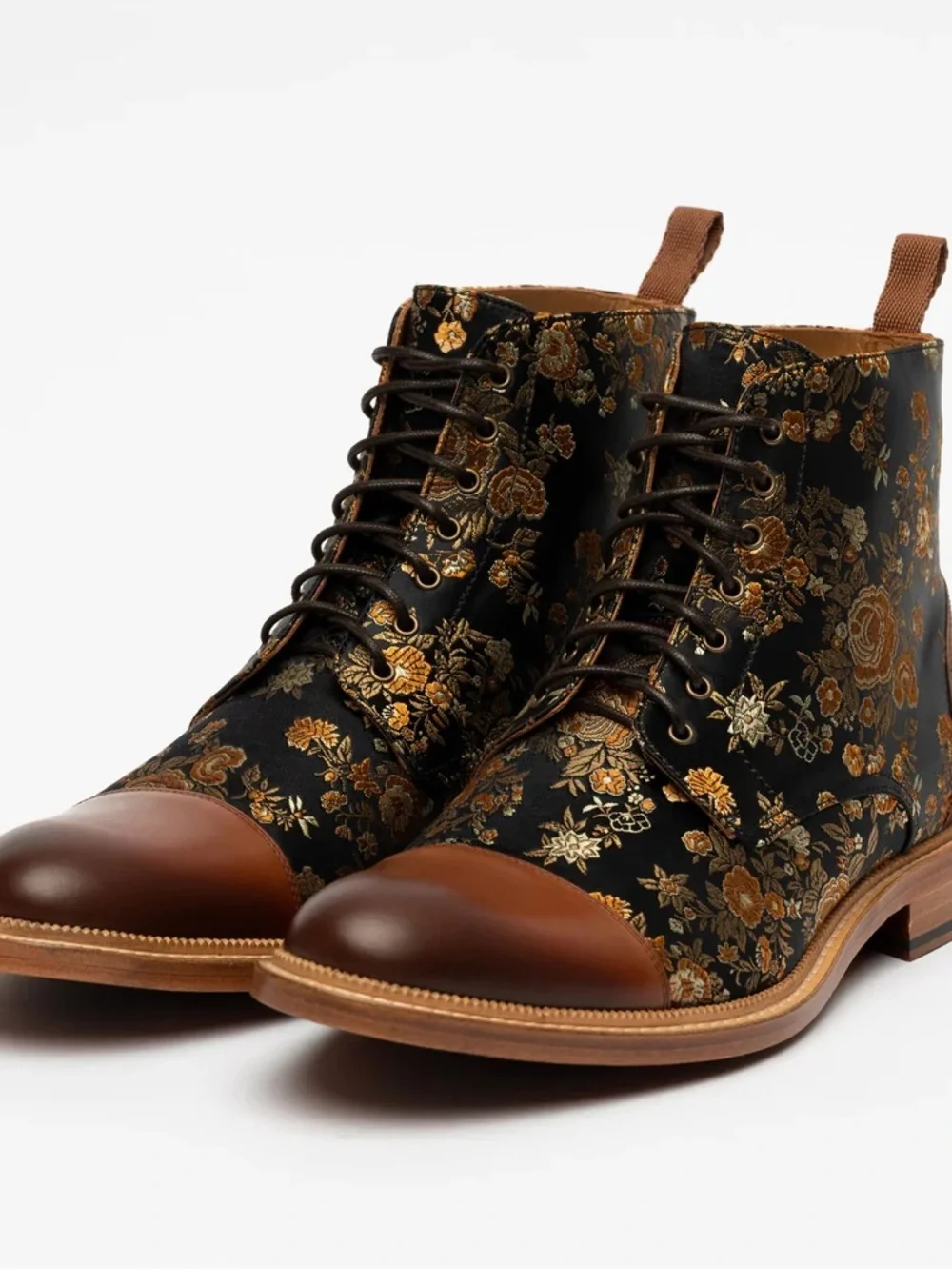 Taft Black Floral Brocade Chukka Boots with Brown Leather Accents